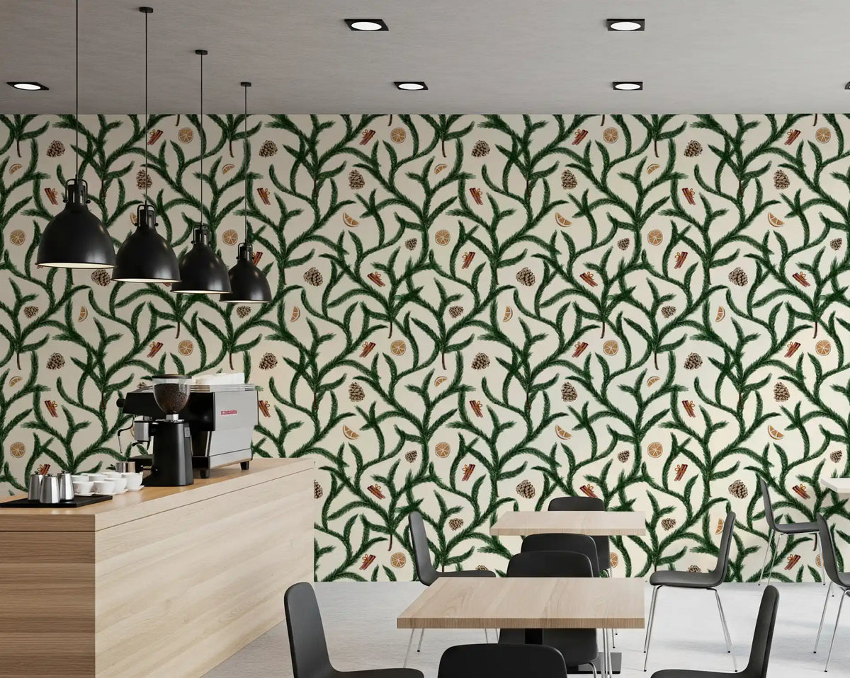 Watercolor Trellis Pine Branches with Oranges Cinnamon & Pine Cones Wallpaper⁠