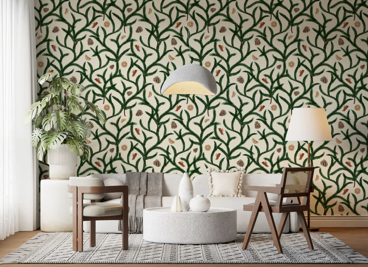 Watercolor Trellis Pine Branches with Oranges Cinnamon & Pine Cones Wallpaper⁠