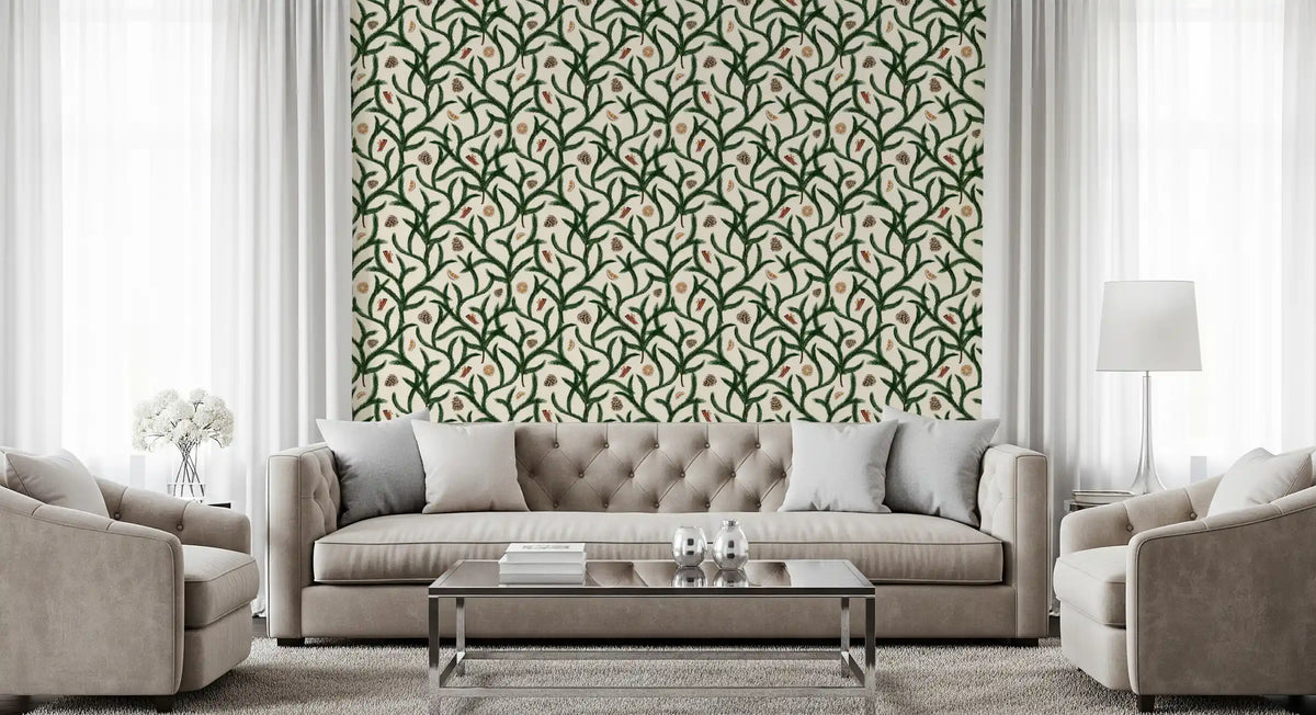 Watercolor Trellis Pine Branches with Oranges Cinnamon & Pine Cones Wallpaper⁠