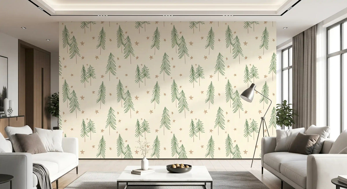 Woodland Pine Trees and Stars Winter Pattern - Green Ginger Wallpaper⁠