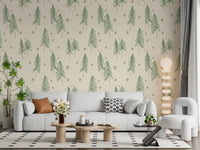 Woodland Pine Trees and Stars Winter Pattern - Green Ginger Wallpaper⁠