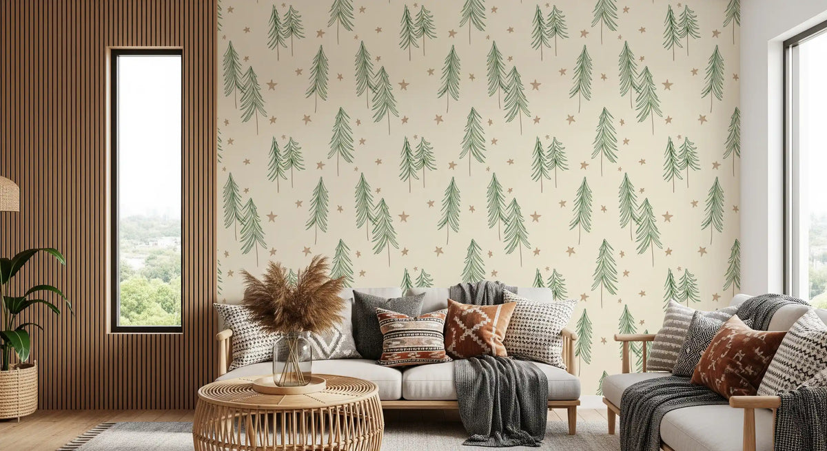 Woodland Pine Trees and Stars Winter Pattern - Green Ginger Wallpaper⁠