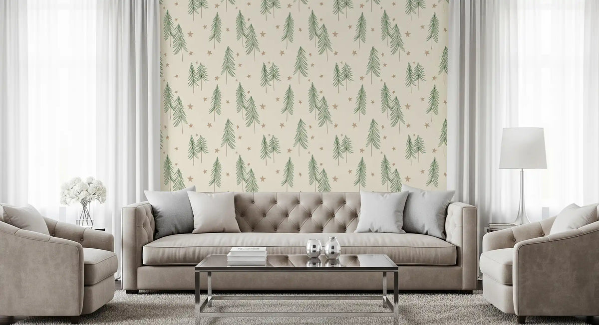 Woodland Pine Trees and Stars Winter Pattern - Green Ginger Wallpaper⁠