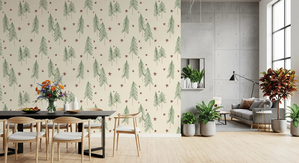 Woodland Pine Trees and Stars Winter Pattern - Green Red Wallpaper⁠