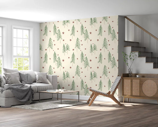 Woodland Pine Trees and Stars Winter Pattern - Green Red Wallpaper⁠