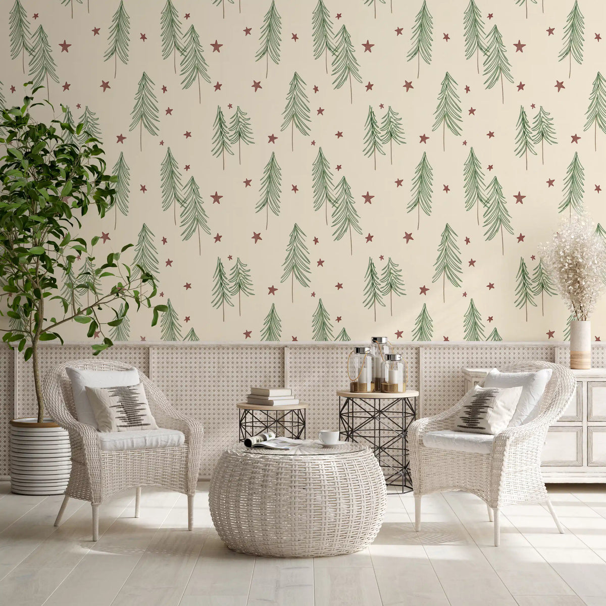 Woodland Pine Trees and Stars Winter Pattern - Green Red Wallpaper⁠