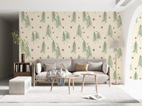Woodland Pine Trees and Stars Winter Pattern - Green Red Wallpaper⁠