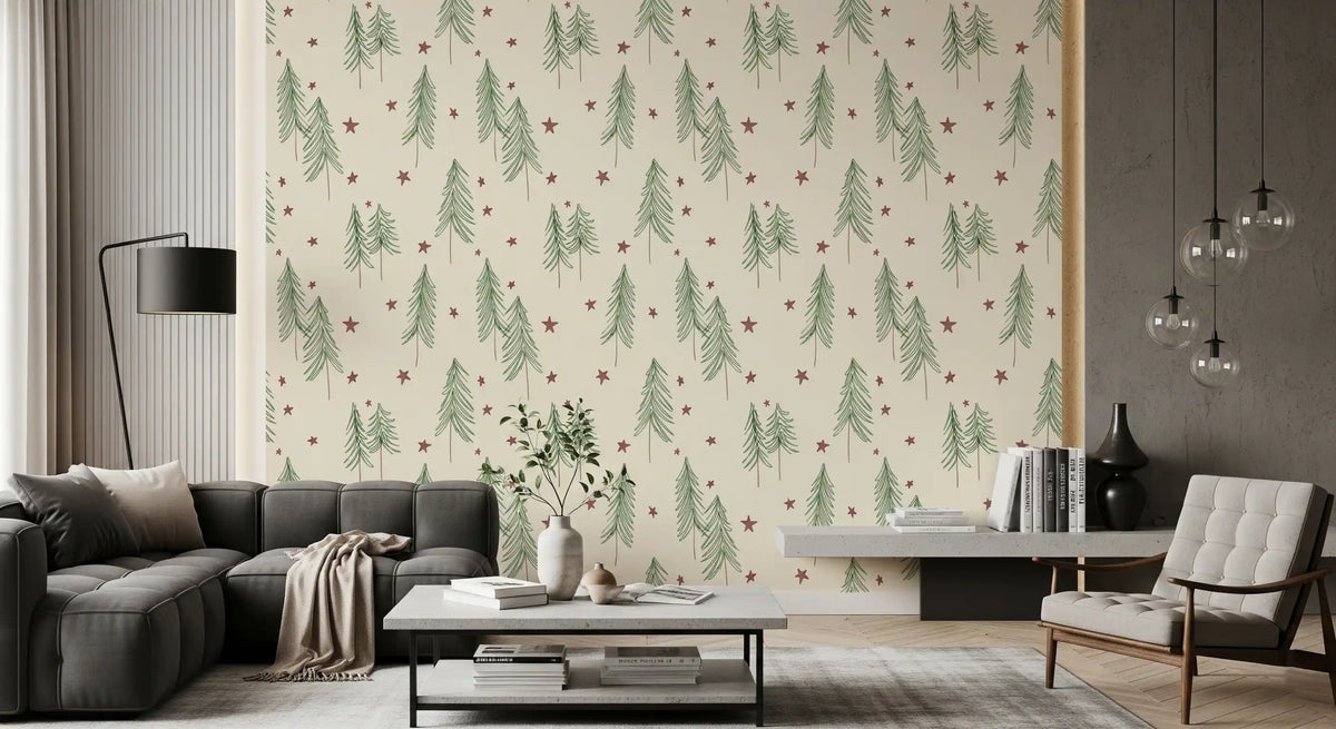 Woodland Pine Trees and Stars Winter Pattern - Green Red Wallpaper⁠