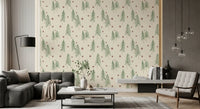 Woodland Pine Trees and Stars Winter Pattern - Green Red Wallpaper⁠