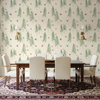 Woodland Pine Trees and Stars Winter Pattern - Green Red Wallpaper⁠