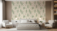 Woodland Pine Trees and Stars Winter Pattern - Green Red Wallpaper⁠