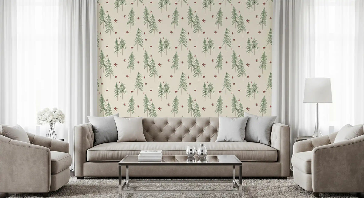 Woodland Pine Trees and Stars Winter Pattern - Green Red Wallpaper⁠