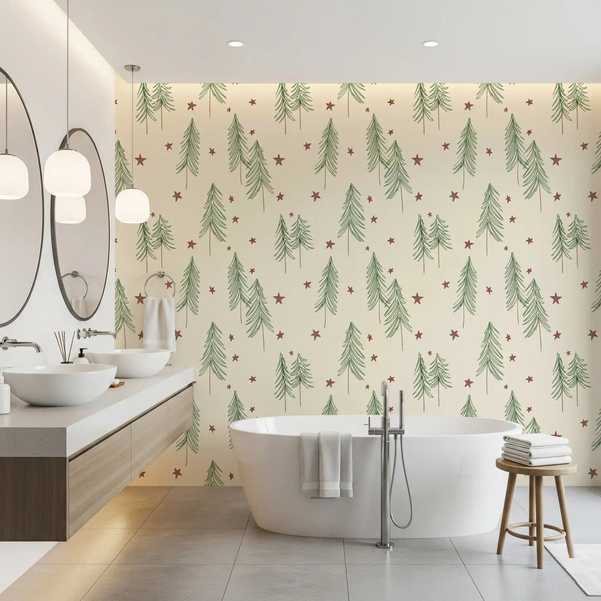 Woodland Pine Trees and Stars Winter Pattern - Green Red Wallpaper⁠