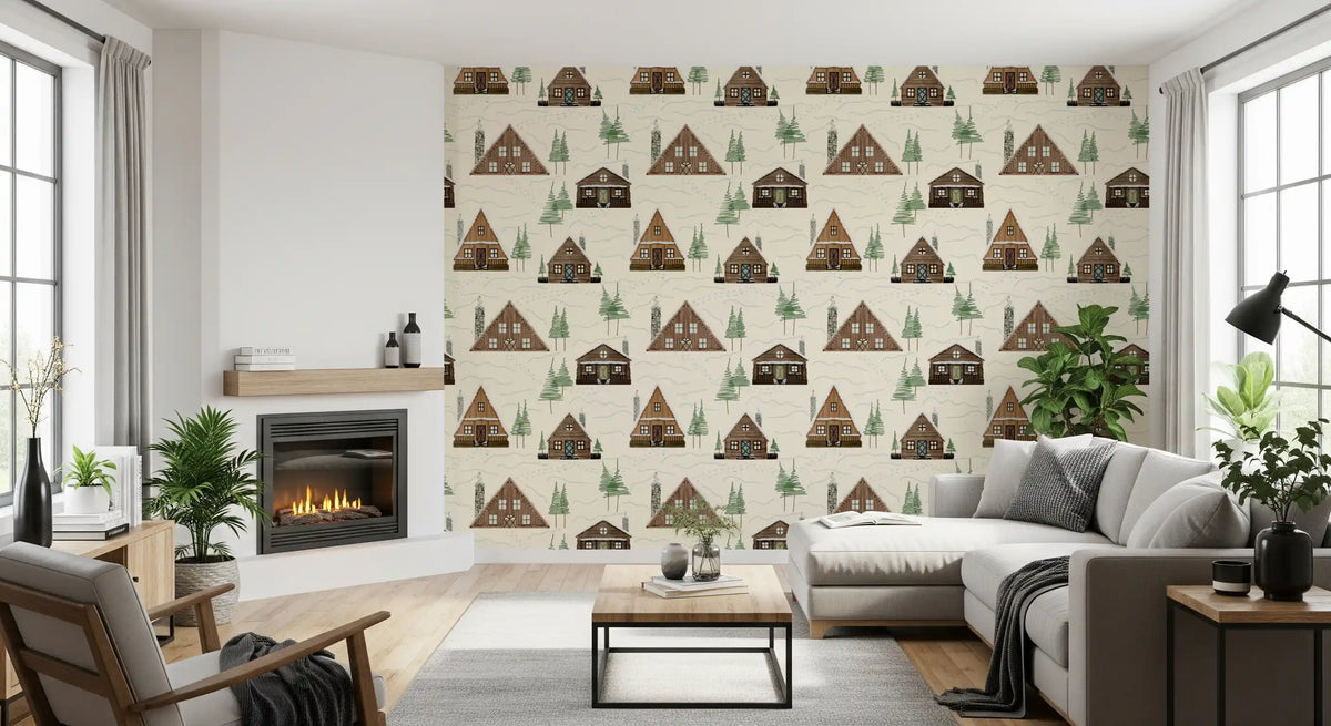 Small Snowy Mountain Huts Village Cabincore Winter Pattern Wallpaper⁠