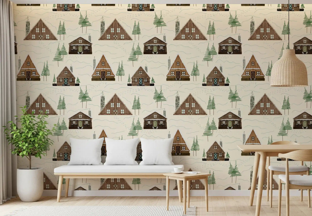 Small Snowy Mountain Huts Village Cabincore Winter Pattern Wallpaper⁠