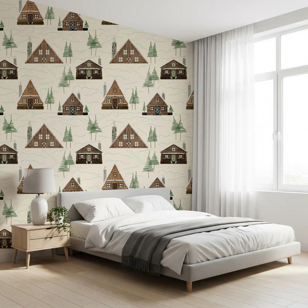 Small Snowy Mountain Huts Village Cabincore Winter Pattern Wallpaper⁠