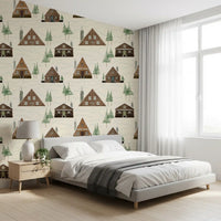 Small Snowy Mountain Huts Village Cabincore Winter Pattern Wallpaper⁠