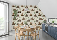 Small Snowy Mountain Huts Village Cabincore Winter Pattern Wallpaper⁠
