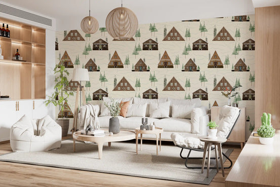 Small Snowy Mountain Huts Village Cabincore Winter Pattern Wallpaper⁠