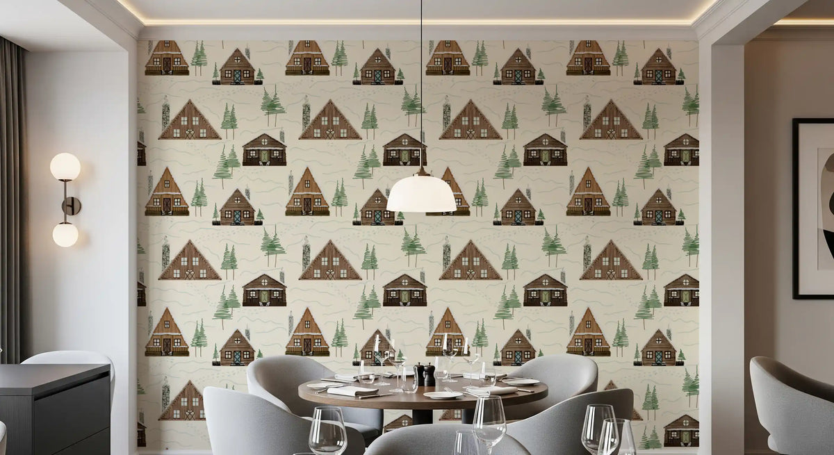 Small Snowy Mountain Huts Village Cabincore Winter Pattern Wallpaper⁠
