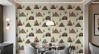 Small Snowy Mountain Huts Village Cabincore Winter Pattern Wallpaper⁠