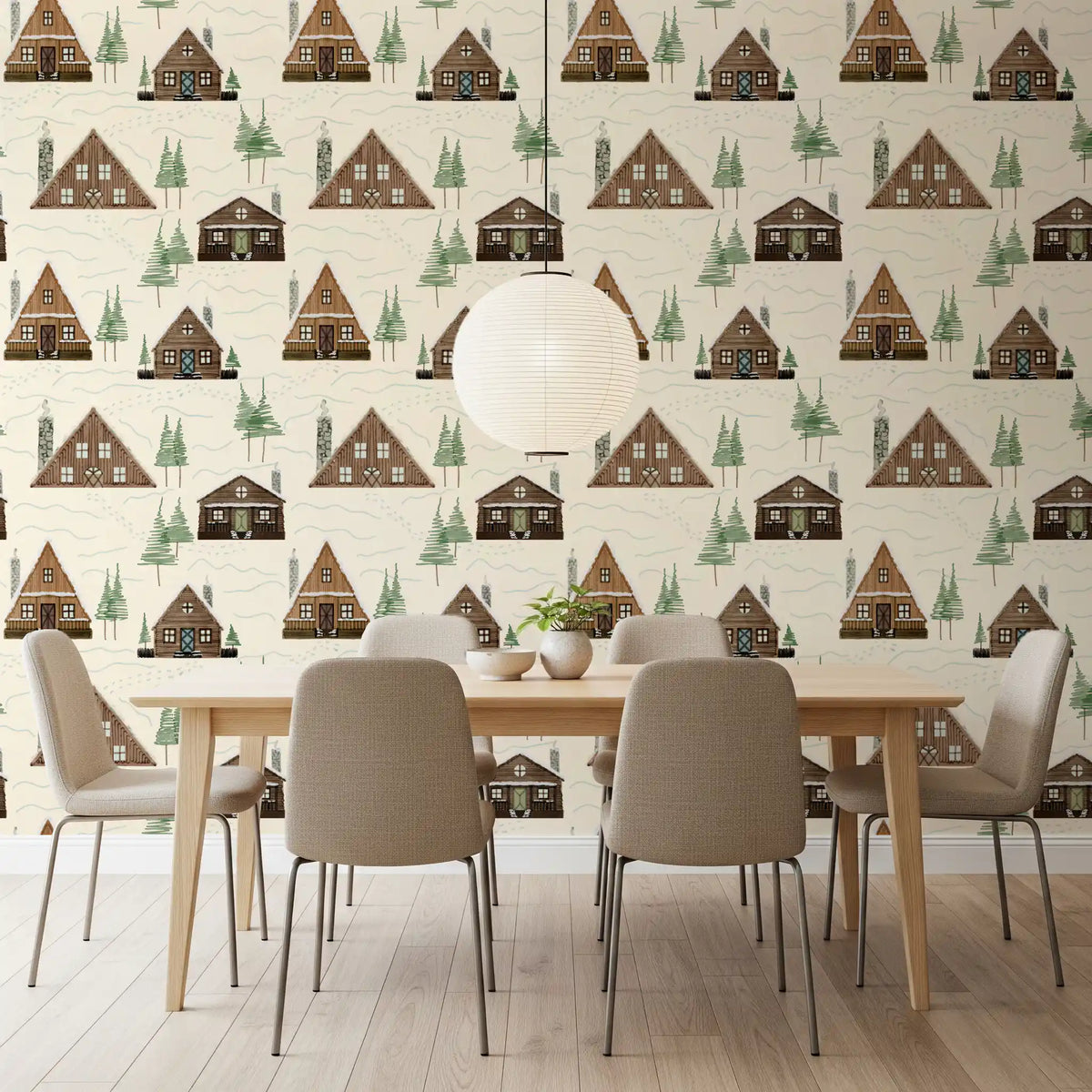 Small Snowy Mountain Huts Village Cabincore Winter Pattern Wallpaper⁠