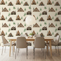 Small Snowy Mountain Huts Village Cabincore Winter Pattern Wallpaper⁠