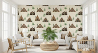 Small Snowy Mountain Huts Village Cabincore Winter Pattern Wallpaper⁠