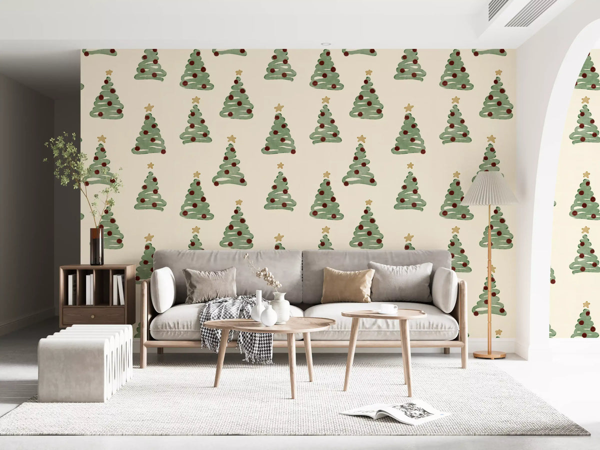 Minimal Holiday Xmas Woodland Christmas Trees Tossed Wallpaper⁠