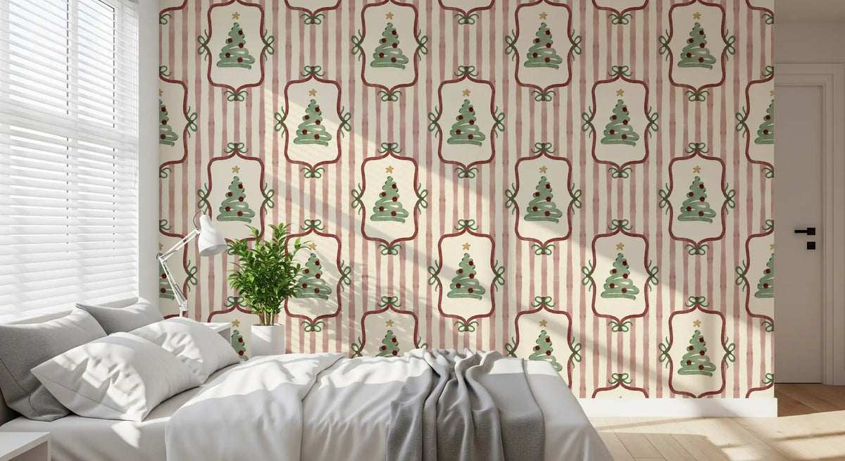 Preppy Christmas Tree Bows Ribbon Stripes - Cranberry Red Wallpaper⁠