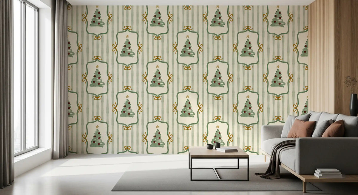 Preppy Christmas Tree Bows Ribbon Stripes - Forest Pine Green Wallpaper⁠