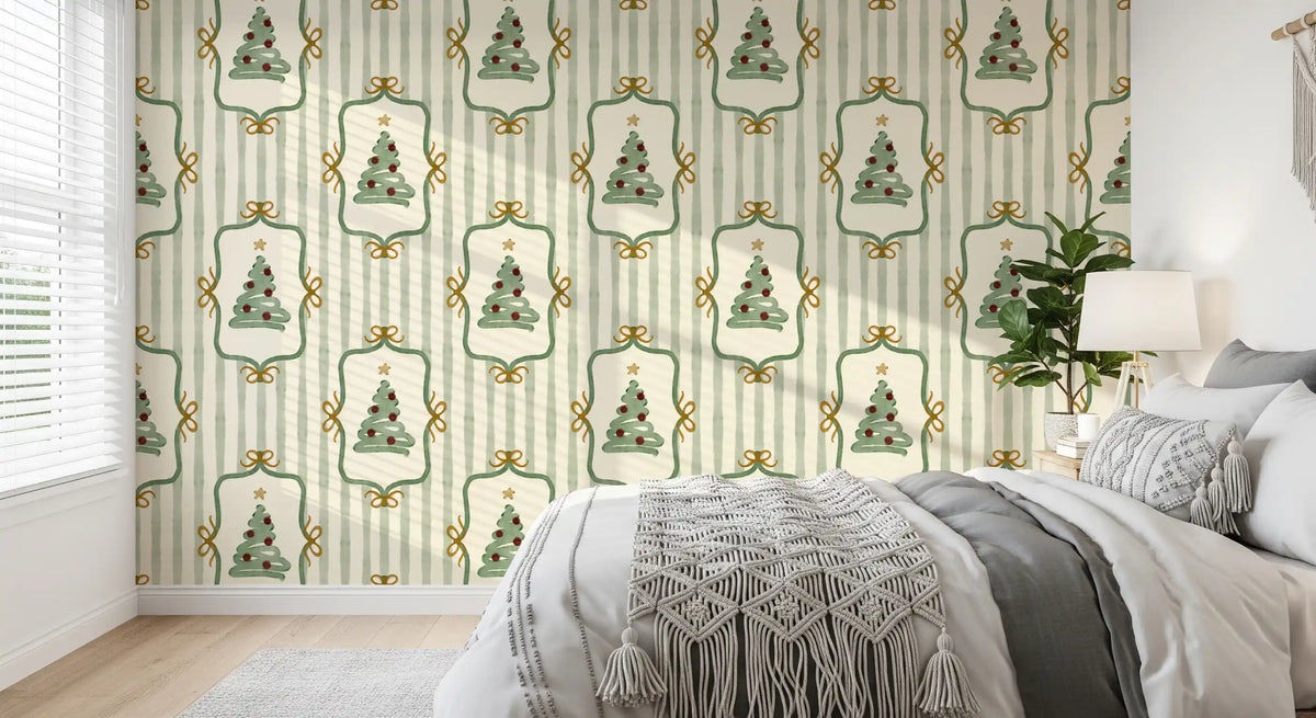 Preppy Christmas Tree Bows Ribbon Stripes - Forest Pine Green Wallpaper⁠