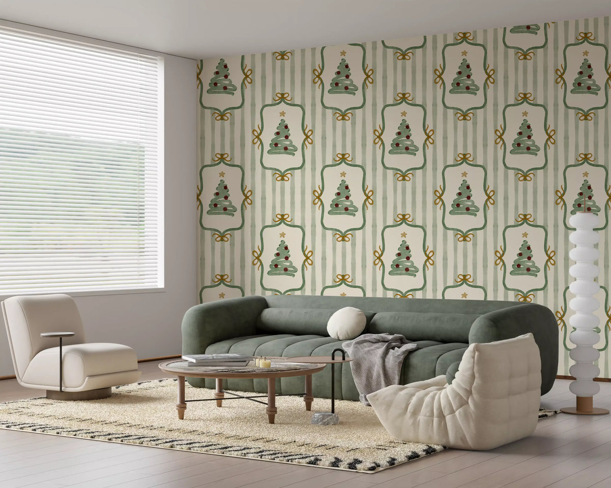 Preppy Christmas Tree Bows Ribbon Stripes - Forest Pine Green Wallpaper⁠
