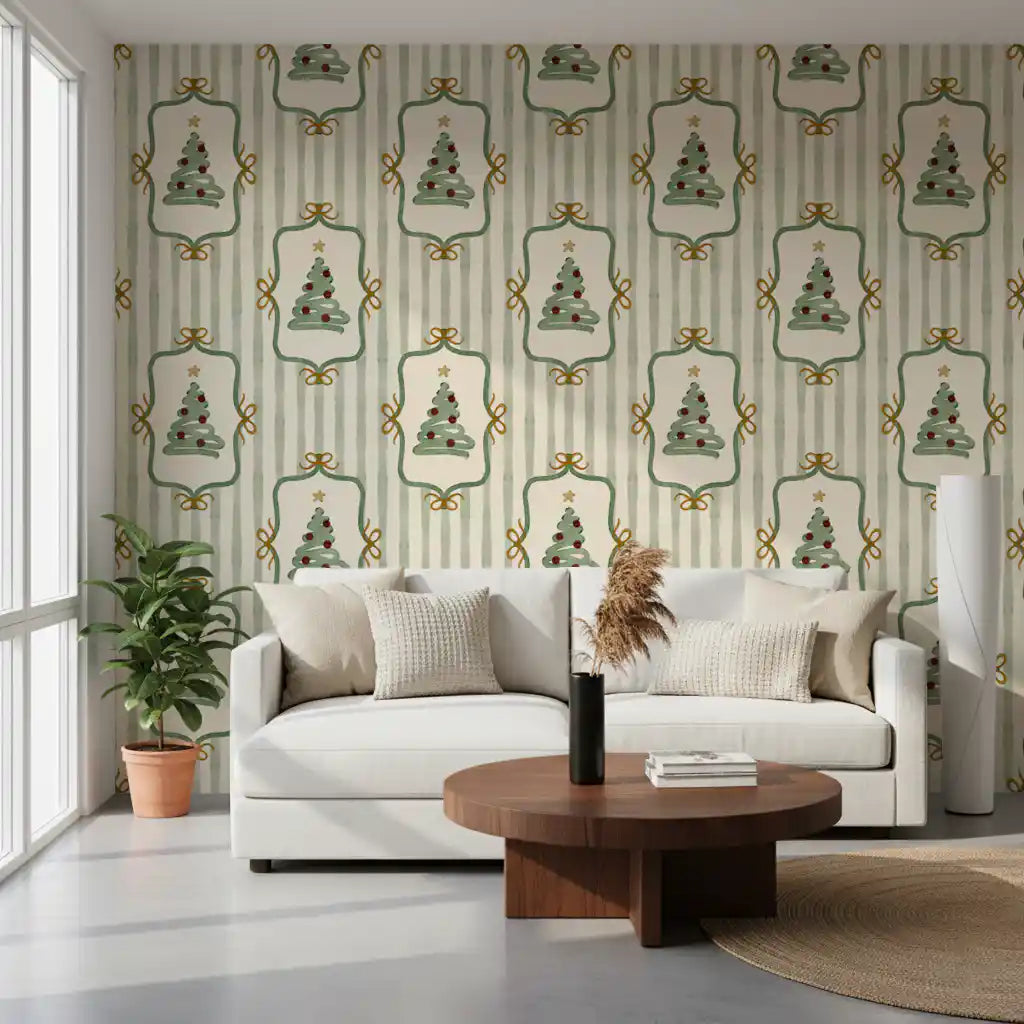 Preppy Christmas Tree Bows Ribbon Stripes - Forest Pine Green Wallpaper⁠