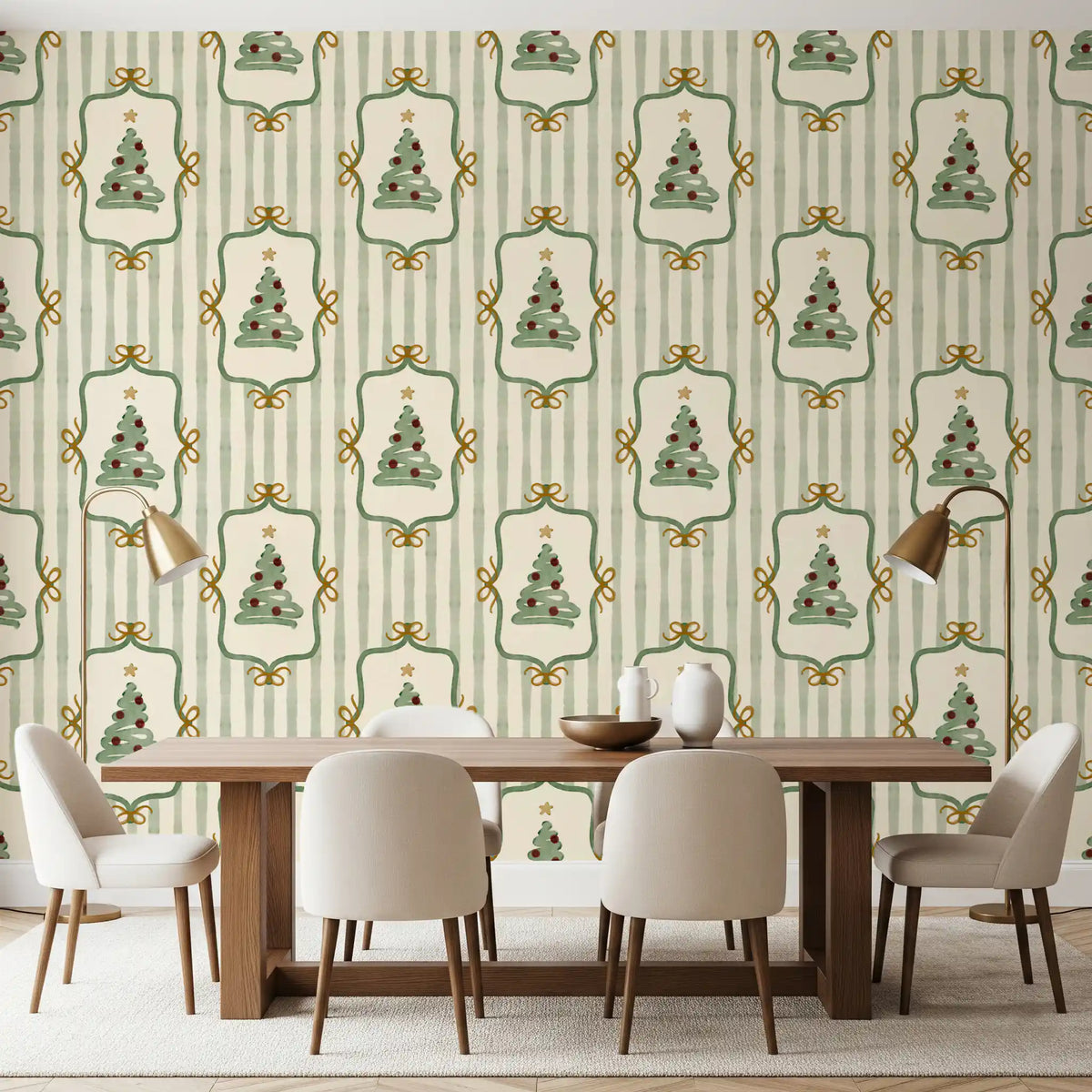 Preppy Christmas Tree Bows Ribbon Stripes - Forest Pine Green Wallpaper⁠
