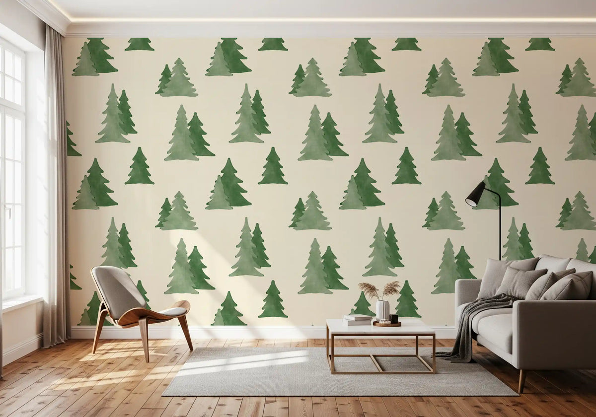 Minimalist Watercolor Winter Pine Forest Trees Pattern Wallpaper⁠