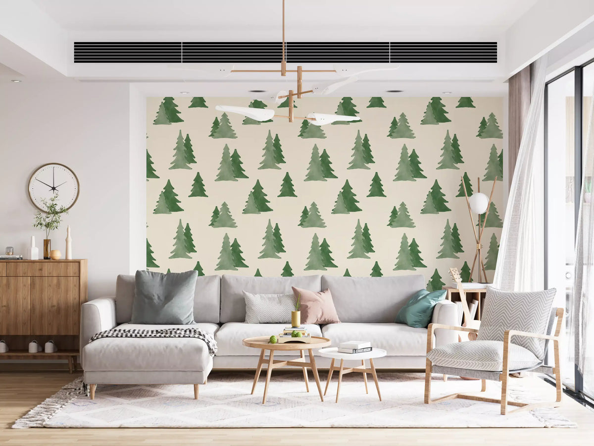 Minimalist Watercolor Winter Pine Forest Trees Pattern Wallpaper⁠