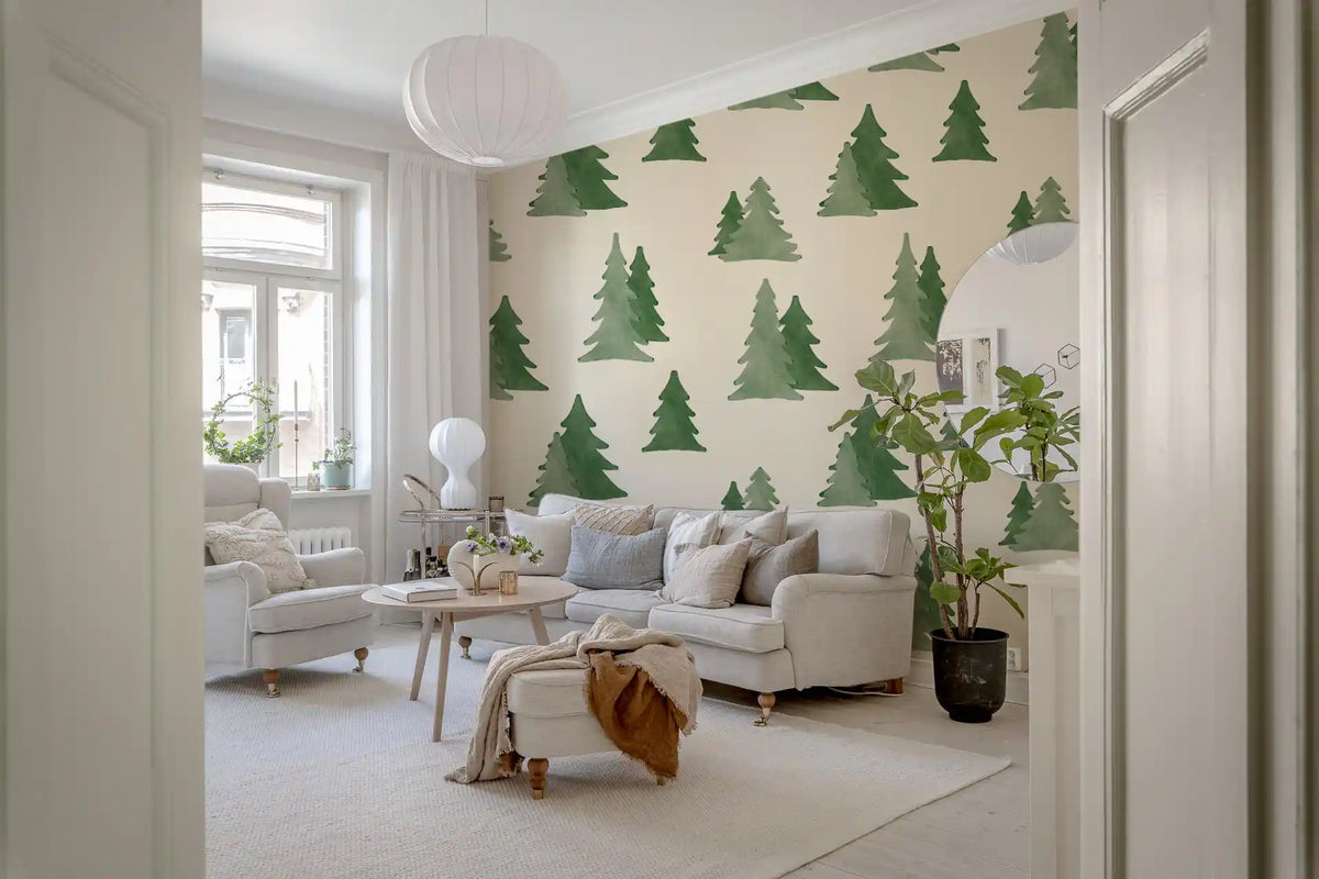 Minimalist Watercolor Winter Pine Forest Trees Pattern Wallpaper⁠
