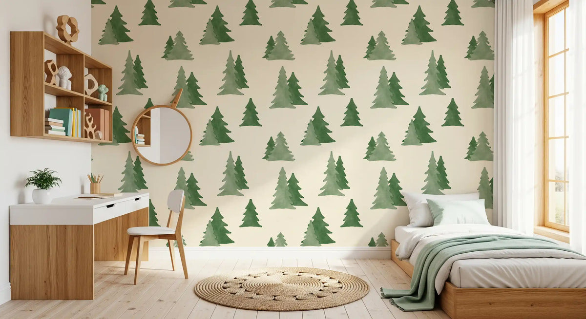 Minimalist Watercolor Winter Pine Forest Trees Pattern Wallpaper⁠