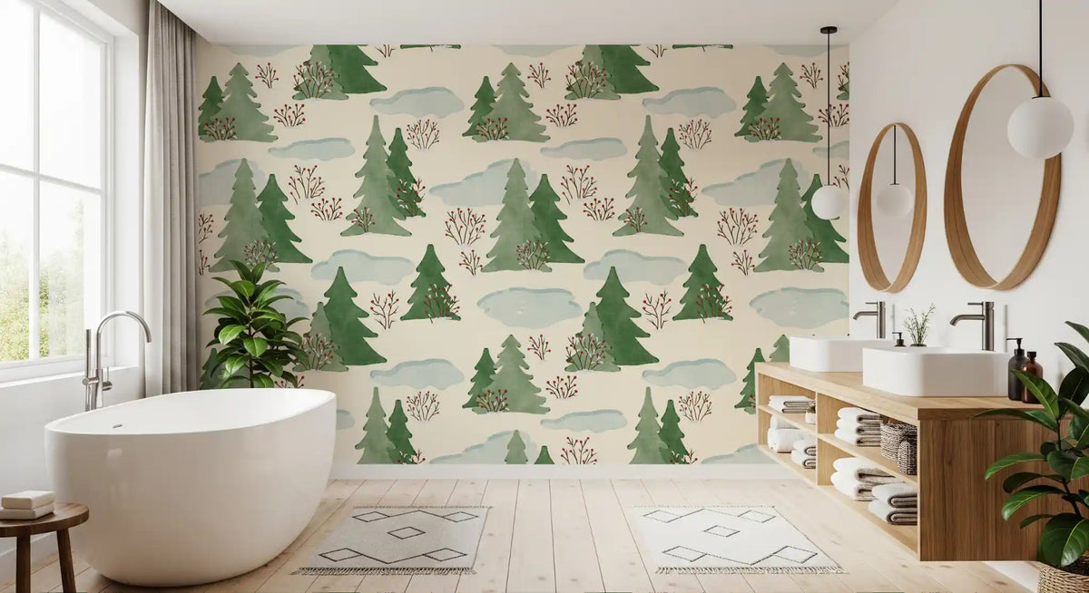 Snowy Winter Forest Pine Trees and Berries Pattern Wallpaper⁠
