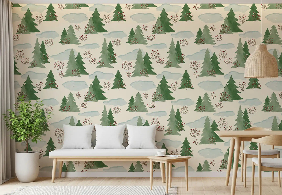 Snowy Winter Forest Pine Trees and Berries Pattern Wallpaper⁠