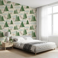 Snowy Winter Forest Pine Trees and Berries Pattern Wallpaper⁠