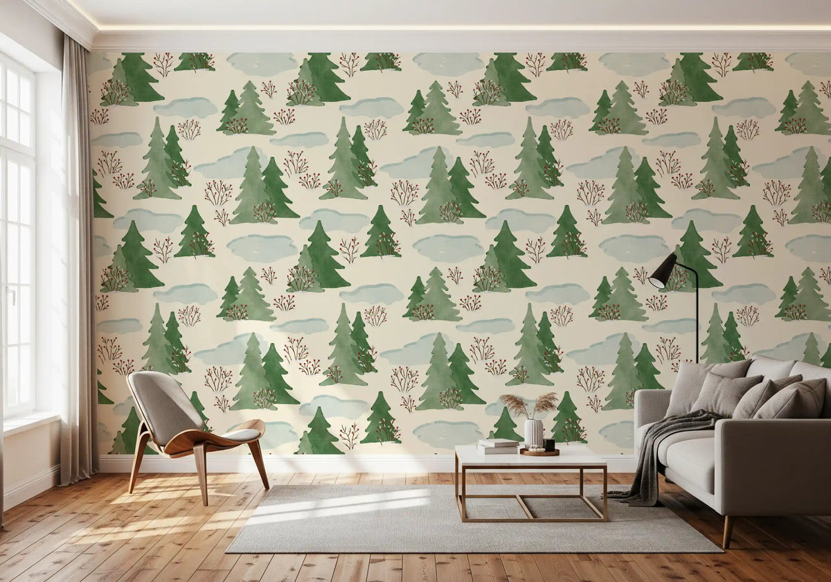 Snowy Winter Forest Pine Trees and Berries Pattern Wallpaper⁠