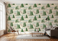 Snowy Winter Forest Pine Trees and Berries Pattern Wallpaper⁠