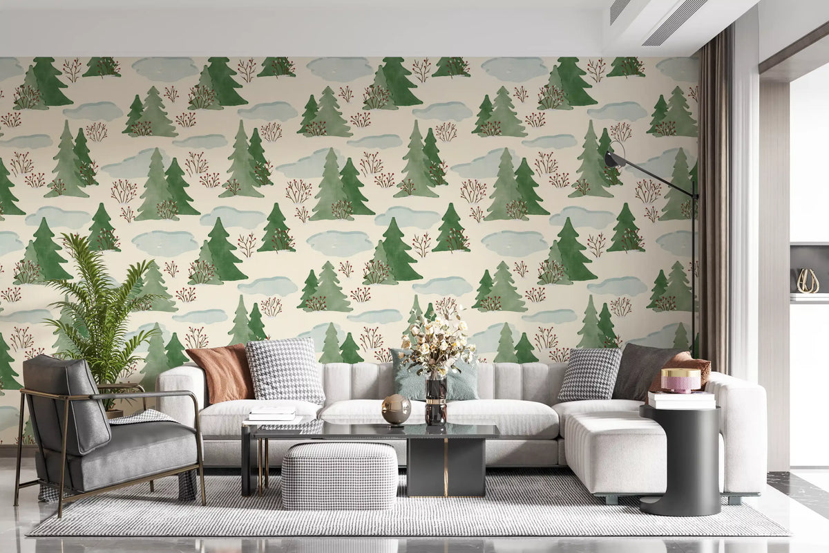 Snowy Winter Forest Pine Trees and Berries Pattern Wallpaper⁠