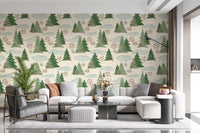 Snowy Winter Forest Pine Trees and Berries Pattern Wallpaper⁠