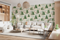 Snowy Winter Forest Pine Trees and Berries Pattern Wallpaper⁠
