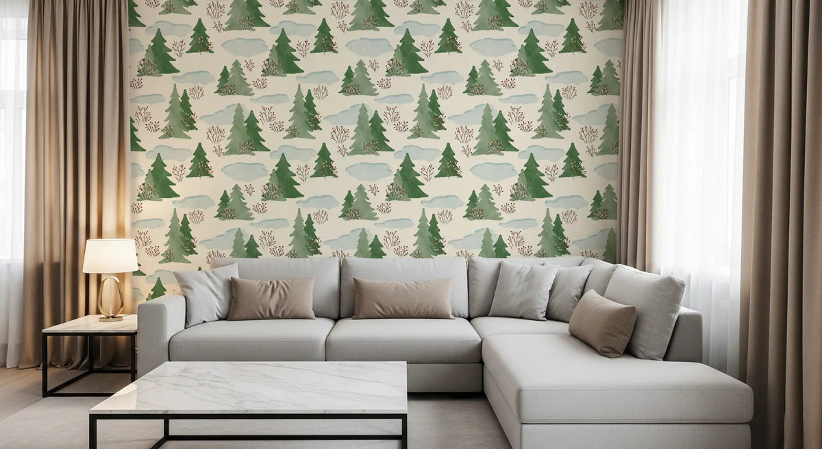 Snowy Winter Forest Pine Trees and Berries Pattern Wallpaper⁠