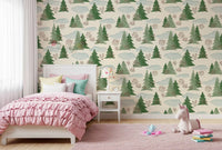 Snowy Winter Forest Pine Trees and Berries Pattern Wallpaper⁠
