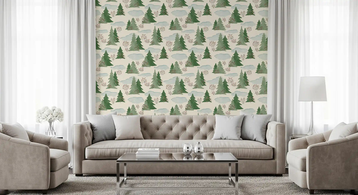 Snowy Winter Forest Pine Trees and Berries Pattern Wallpaper⁠